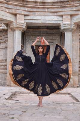 Hand Block Printed Anarkali Set with Mukaish Work 1