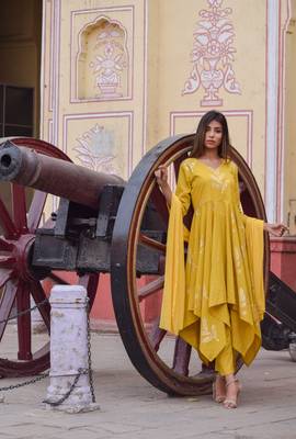 mustard Kalidar cotton suit set 1
