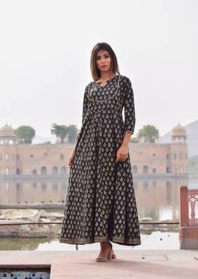 Black printed cotton kurta 1