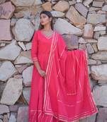 Pink plain cotton kurta with dupatta