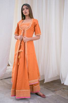 Orange plain cotton kurta sets 1