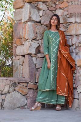 Light-olive plain cotton kurta sets 1