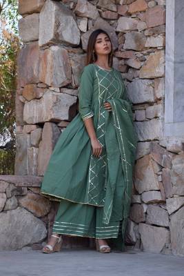 Light-olive plain cotton kurta sets 1