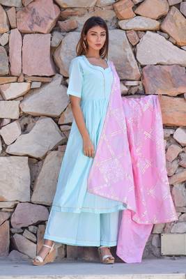 Ethnic Gher Pleated Kurta Plazzo And Dupatta 1