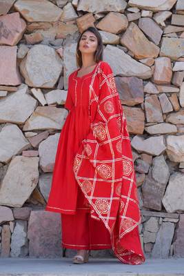 Red plain cotton kurta sets 1
