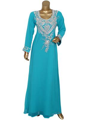 Aqua Green Crystal Embellished Traditional Islamic Chiffon Kaftan Abaya Caftan 1