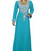 Aqua Green Crystal Embellished Traditional Islamic Chiffon Kaftan Abaya Caftan