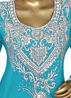 Aqua Green Crystal Embellished Traditional Islamic Chiffon Kaftan Abaya Caftan 2