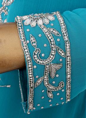 Aqua Green Crystal Embellished Traditional Islamic Chiffon Kaftan Abaya Caftan 4