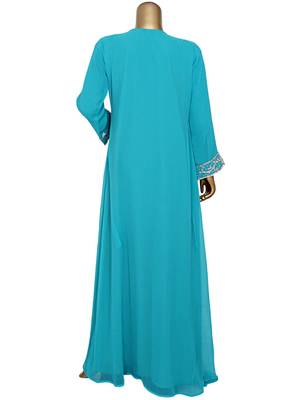 Aqua Green Crystal Embellished Traditional Islamic Chiffon Kaftan Abaya Caftan 5
