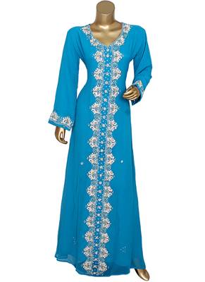 Turquoise Blue Crystal & Beads Embellished Chiffon Kaftan Gown Abaya Caftan 1