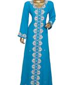 Turquoise Blue Crystal & Beads Embellished Chiffon Kaftan Gown Abaya Caftan