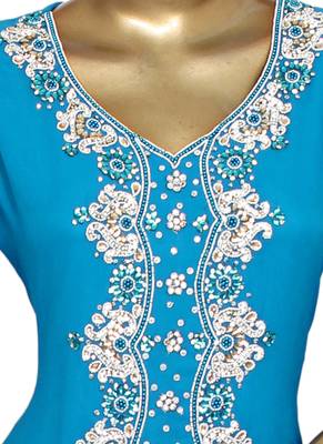 Turquoise Blue Crystal & Beads Embellished Chiffon Kaftan Gown Abaya Caftan 2
