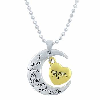 Silver Moon And Gold Heart With Mom Letter And I Love You To The Moon And Back Stainless Steel Pendant With Chain 1