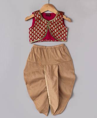 Red printed brocade top with dhoti for girls 1