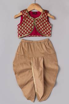 Red printed brocade top with dhoti for girls