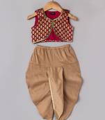 Red printed brocade top with dhoti for girls