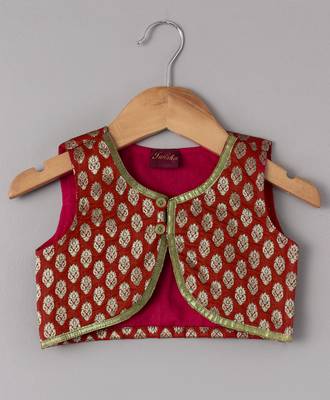 Red printed brocade top with dhoti for girls 2