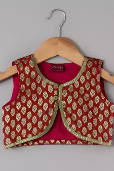 Red printed brocade top with dhoti for girls