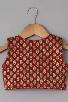 Red printed brocade top with dhoti for girls