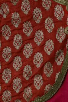 Red printed brocade top with dhoti for girls