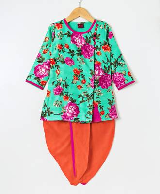 Green printed polyester top with dhoti for girls 1