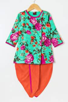 Green printed polyester top with dhoti for girls
