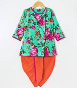 Green printed polyester top with dhoti for girls
