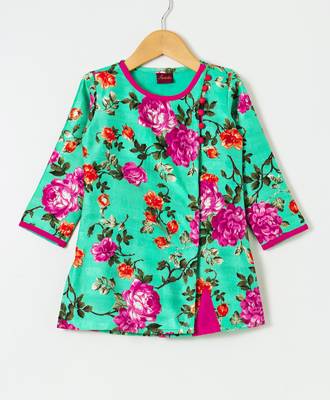 Green printed polyester top with dhoti for girls 2