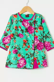 Green printed polyester top with dhoti for girls