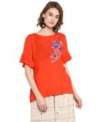 Orange embroidered rayon cotton tops