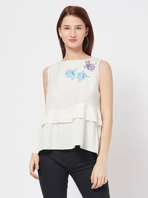 Off white printed viscose cotton tops 1