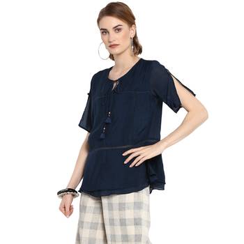 Navy blue plain cotton tops 3