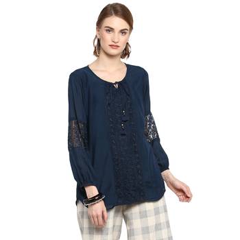 Navy blue embroidered cotton top 1