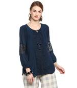 Navy blue embroidered cotton top
