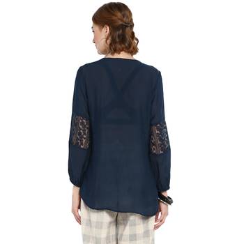 Navy blue embroidered cotton top 2