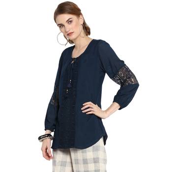 Navy blue embroidered cotton top 3