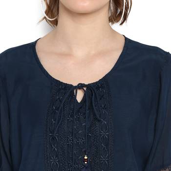 Navy blue embroidered cotton top 4