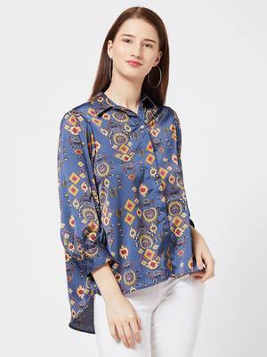 Blue printed satin cotton top 1
