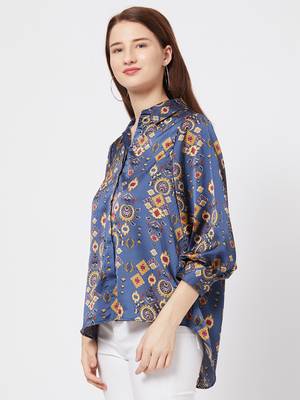 Blue printed satin cotton top 3