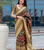 Brown woven banarasi silk blend saree with blouse
