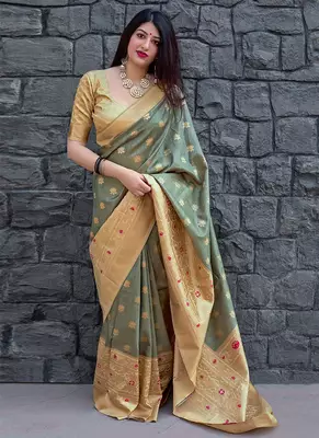 Slate grey woven banarasi silk blend saree with blouse 1