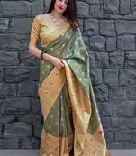Slate grey woven banarasi silk blend saree with blouse