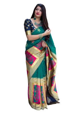 Sea green woven banarasi silk blend saree with blouse 1