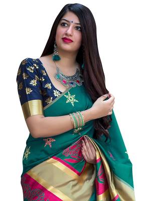 Sea green woven banarasi silk blend saree with blouse 2