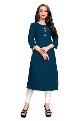 Dark-aqua-blue plain rayon ethnic kurtis 1