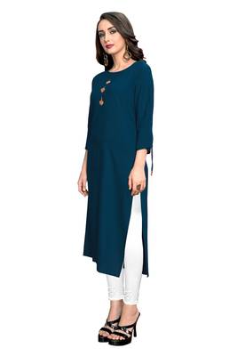 Dark-aqua-blue plain rayon ethnic kurtis 3