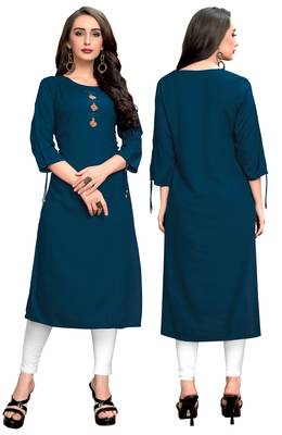 Dark-aqua-blue plain rayon ethnic kurtis 5