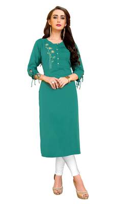 Turquoise plain rayon ethnic kurtis 1