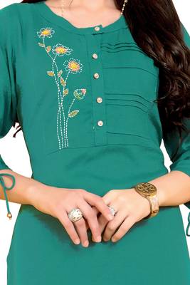 Turquoise plain rayon ethnic kurtis 4